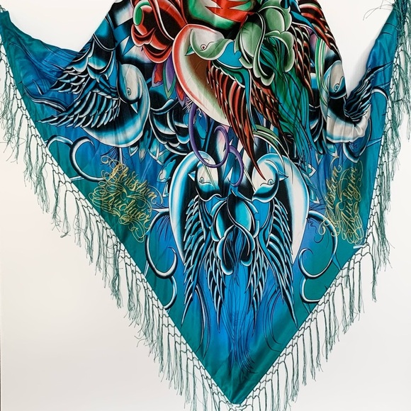 SCARF SHAWL WRAP ED HARDY 100% Silk Scarf Turquoise Aqua 40x40 Fringe Birds RARE - Picture 2 of 3